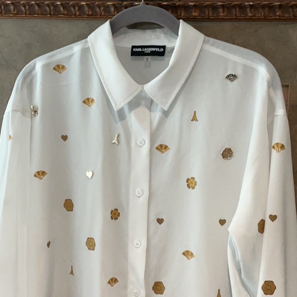 NWOT Karl Lagerfeld White Button- Down Shirt w/ Gold Metallic Images - Picture 2 of 11